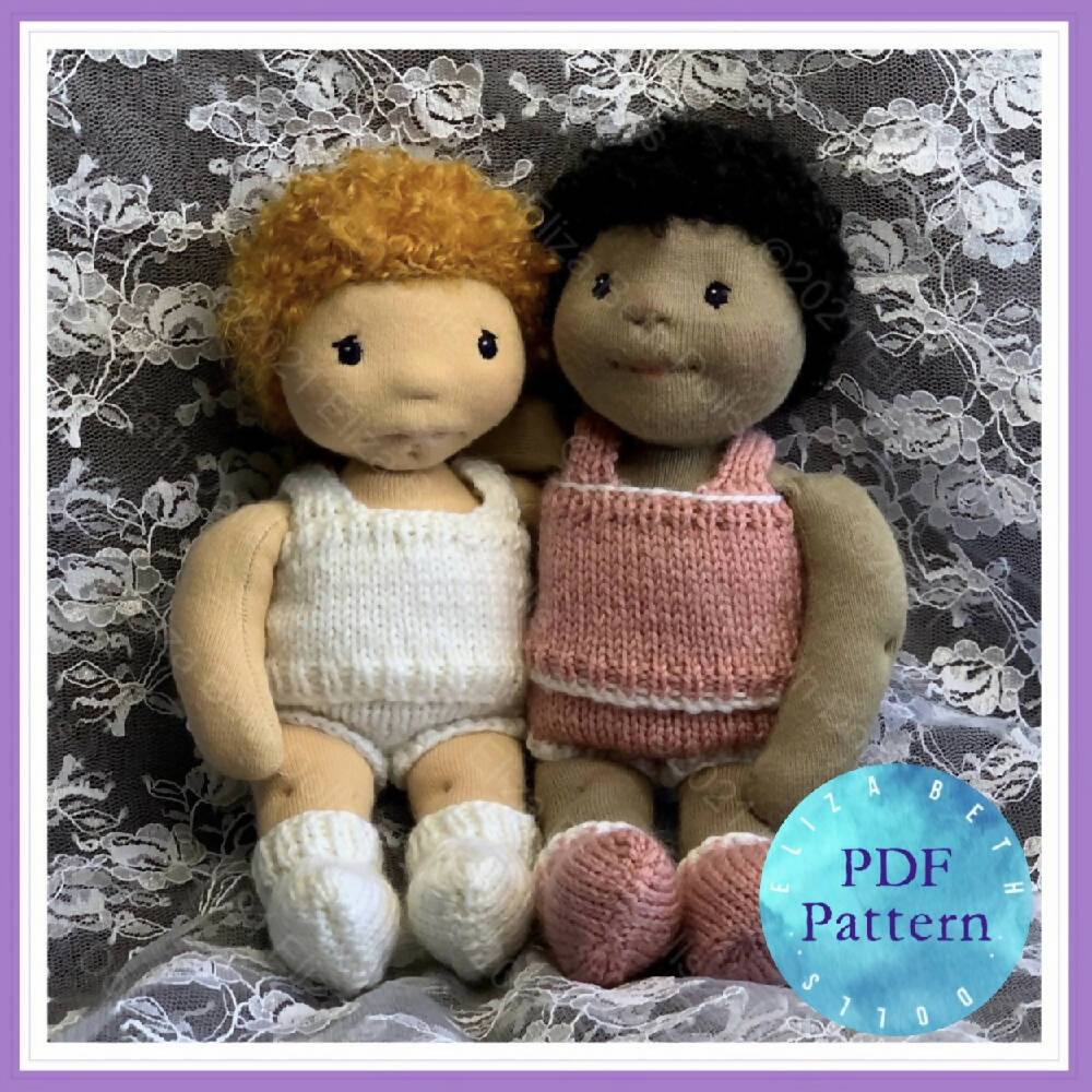Waldorf doll clothes, PDF digital pattern, 8inch, 9inch, Underwear, Underpants, Undies, Knickers, Vest, Singlet, Socks, 8ply, DK, Straight needles, Beginner friendly, Flat knitted, Doll outift, Knitted doll clothes, Accessories, Natural fibre art doll, Quick easy knit, Clear instructions, Photos, 3 piece outfit, Original design, Immediate download, Eliza Beth Dolls, ElizaBethDolls, Australia