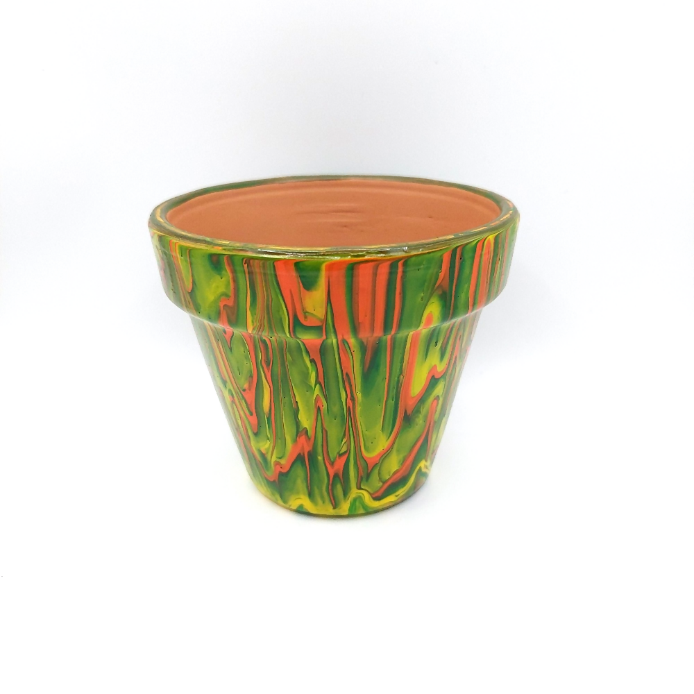 Yellow Green Orange Acrylic Poured Painted Small Terracotta Pot