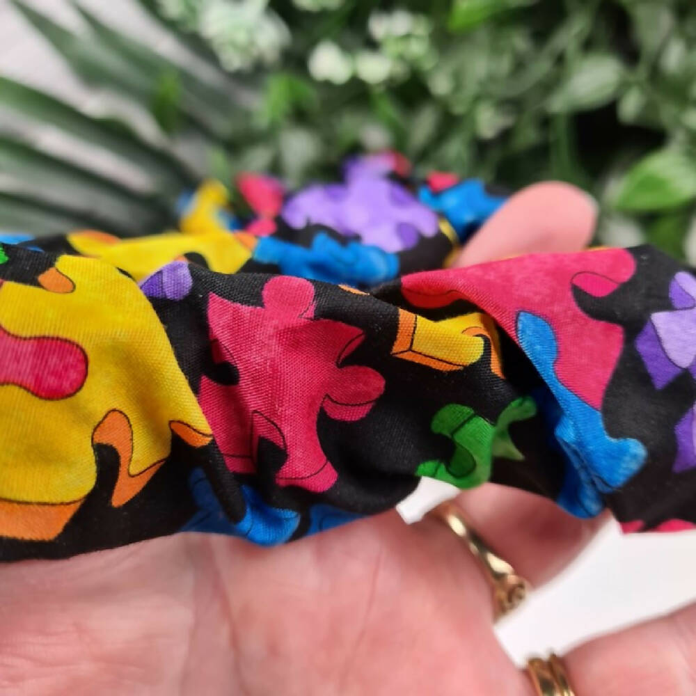Scrunchie - Rainbow Puzzle Cotton Fabric - Elastic Hair Tie - Hair Accessory