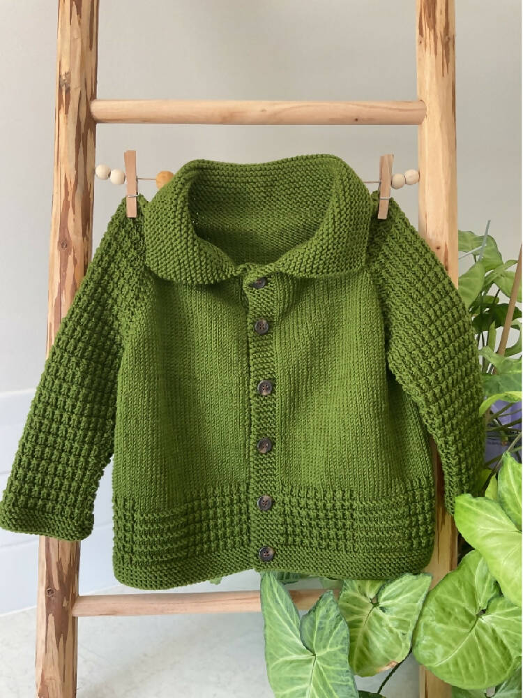Hand knitted Green Jacket, Size 1-2 years | Winter Knitted Cardigan