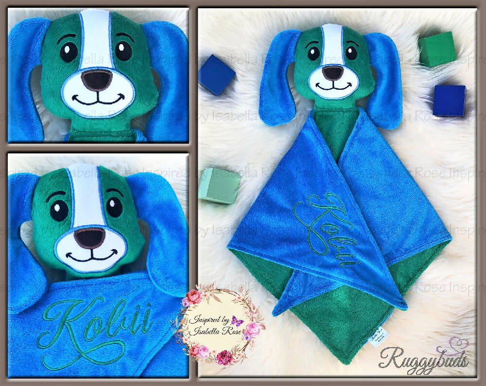 Baby comforter, Embroidered name, Puppy themed Ruggybud, Made to order