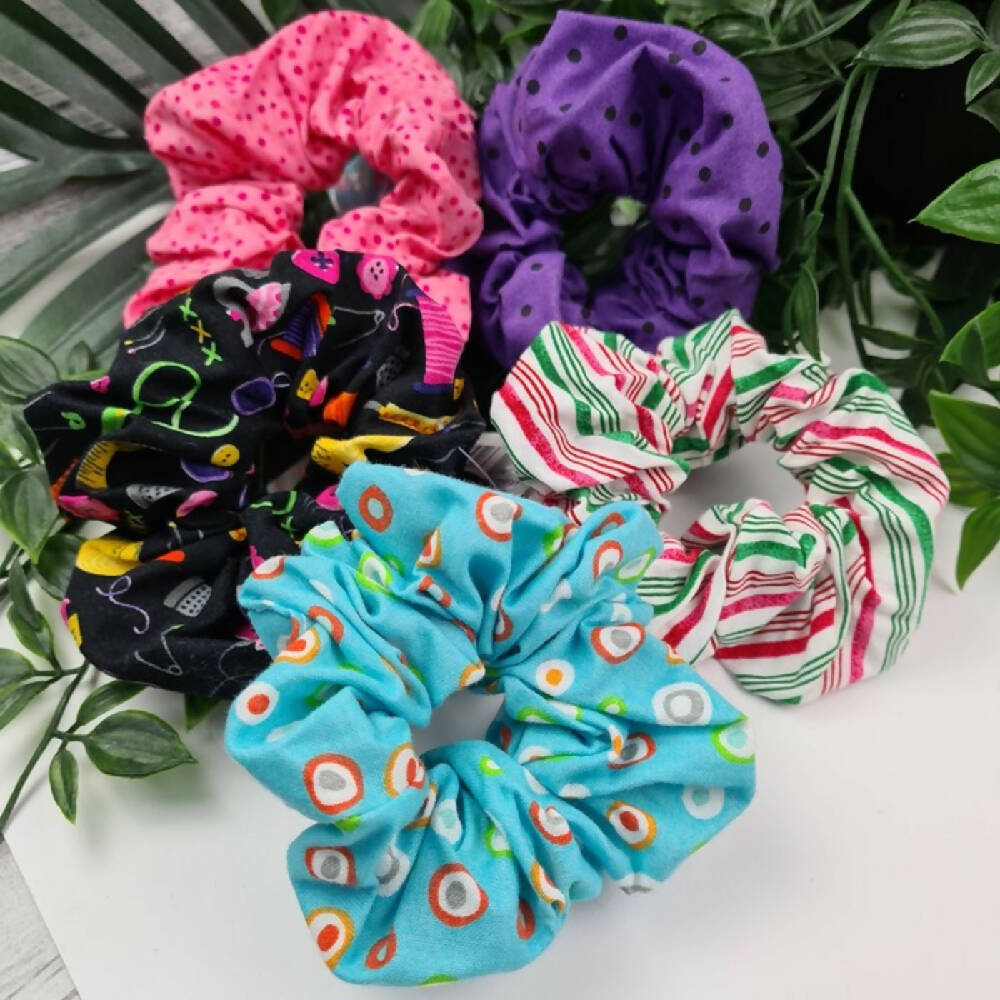 Scrunchie PACK of 5 - Cotton Fabric - Elastic Hair Tie - Hair Accessory