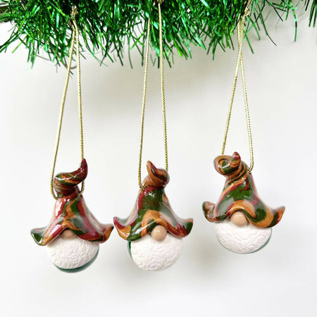 Gnome Christmas baubles trio - green, red, gold (green bottoms)