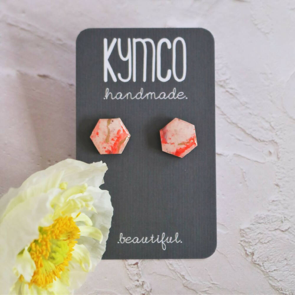 Sunset Sands Collection | Hexagon Resin Studs Earrings| Red Gold Shimmer