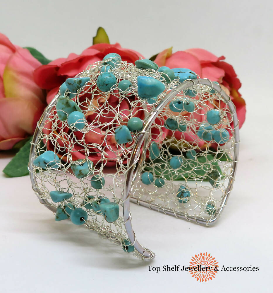 Turquoise Howlite Crochet Wire Beaded Cuff Bracelet and Earrings