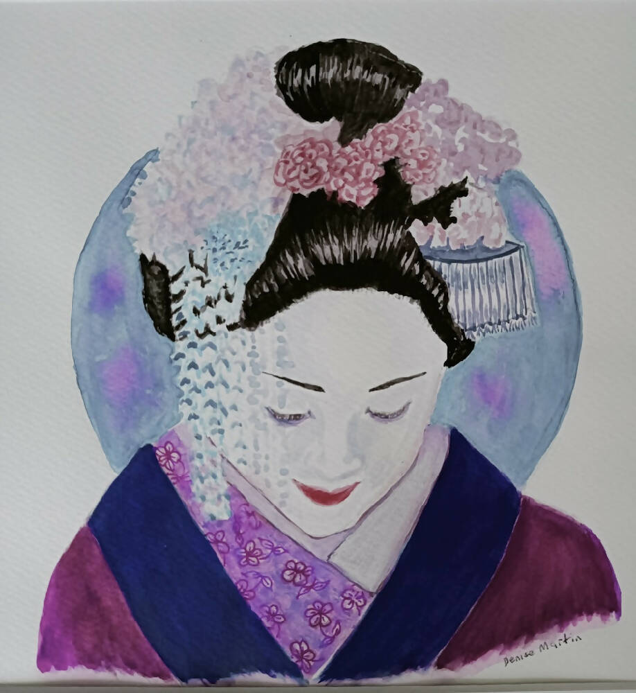 Geisha eyes downcast-original watercolour painting