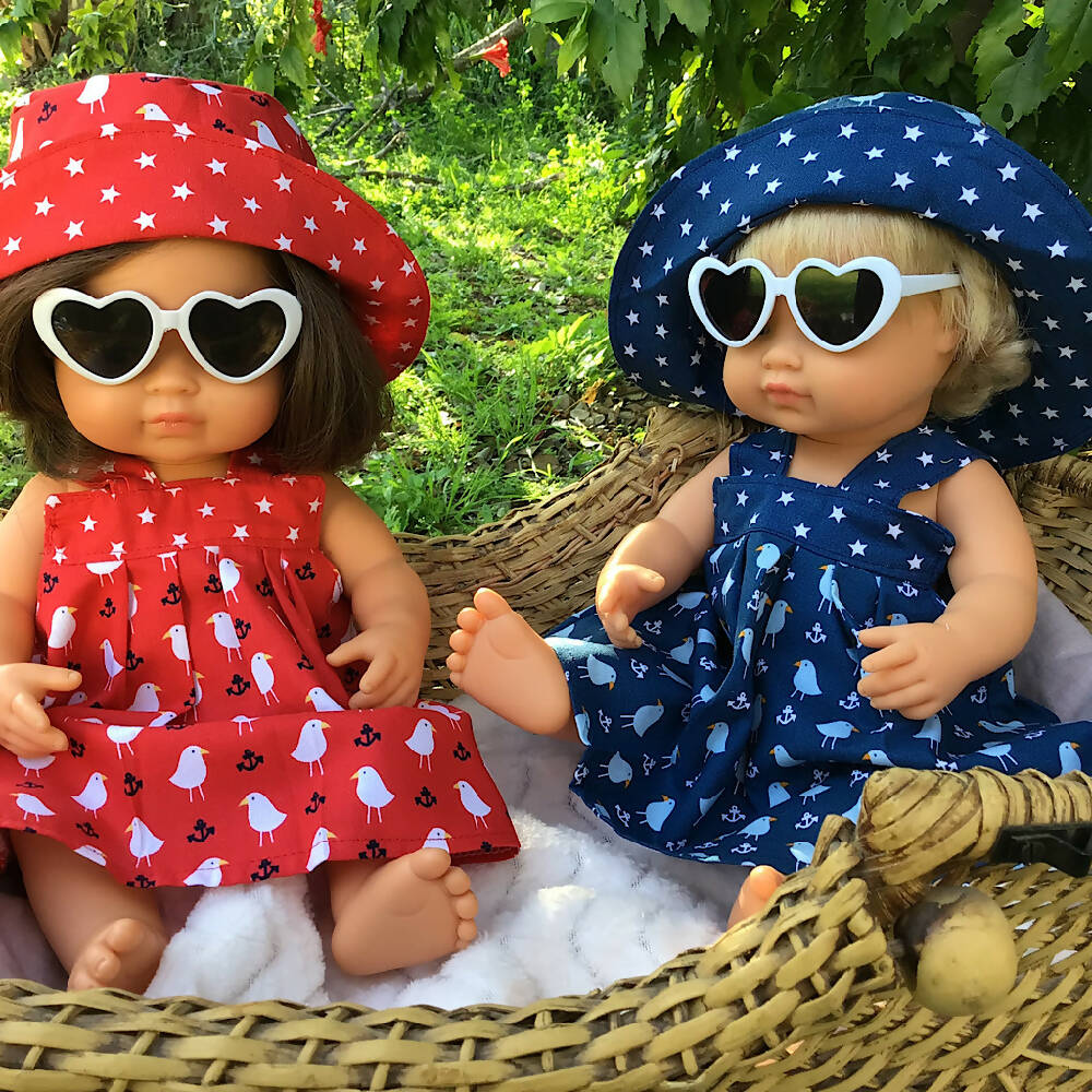 34-43cm dolls Sundress and Sunhat - blue seagulls