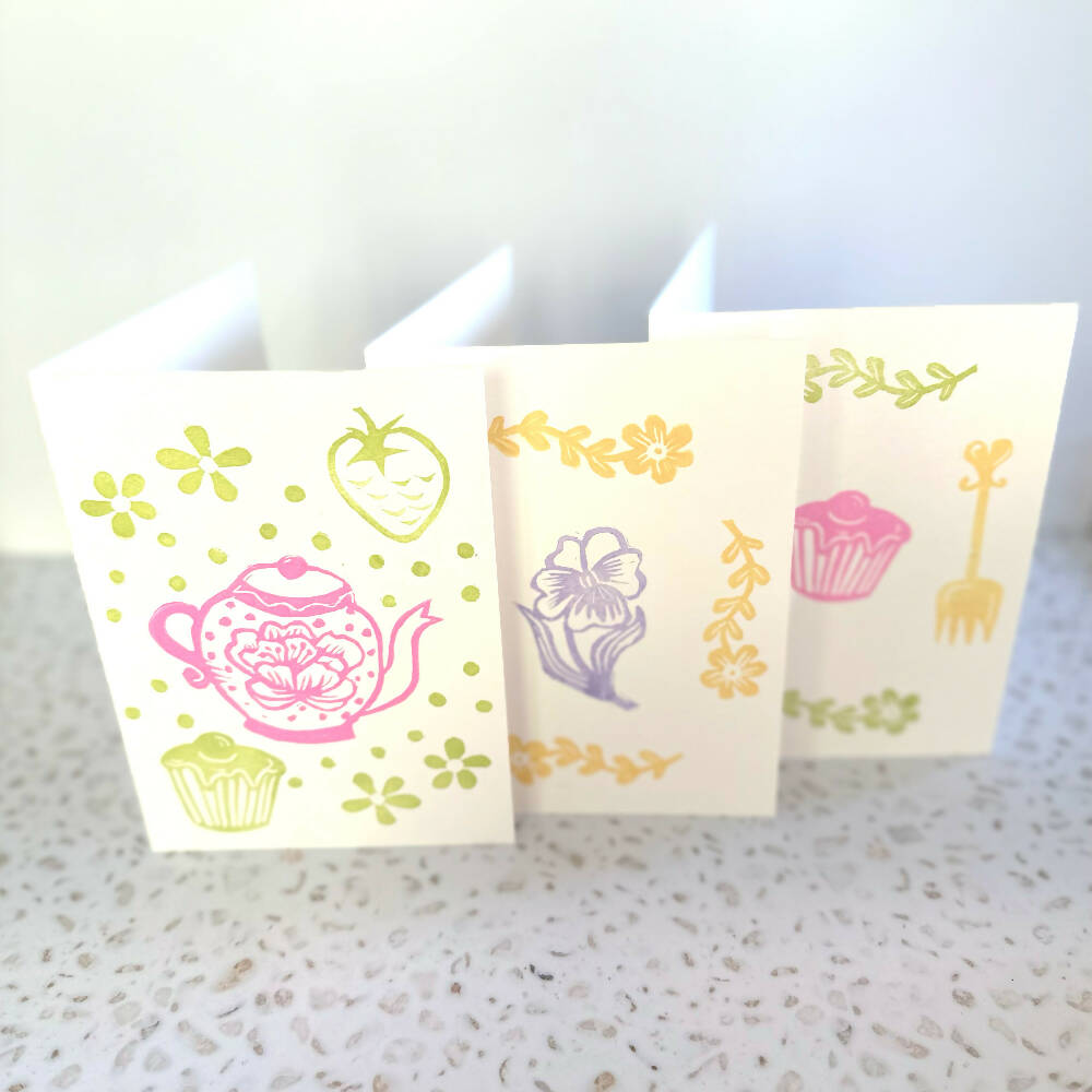 Tea Party Set of Three Original Hand Printed Blank Greeting Cards