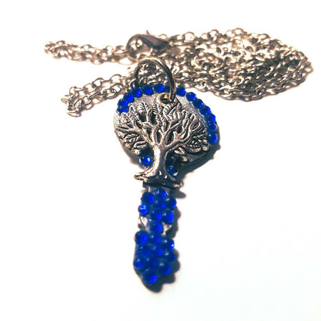 Pendant necklace, blue with tree of life charm, recycled key.