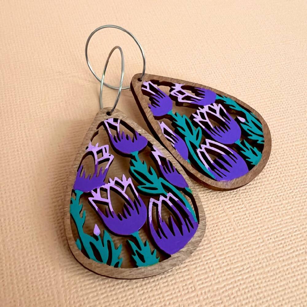Tulip Earrings, Pretty Handpainted Wooden Flowers