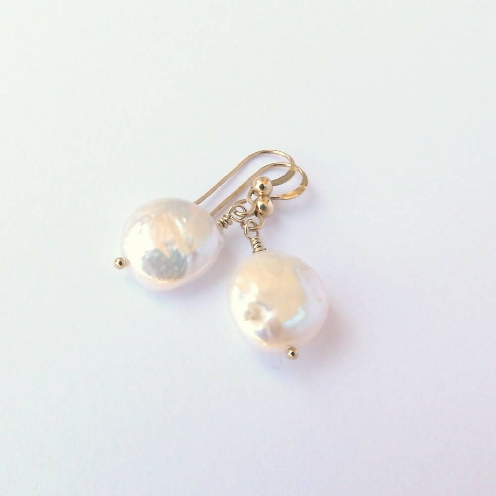 Drop Earrings Coin Button Pearl and Gold