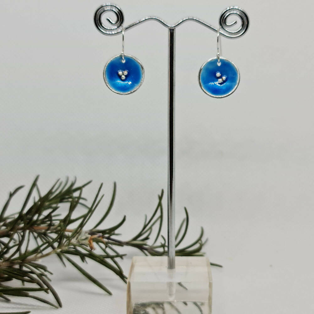 Silver Enamel Earrings - Blue Enamel Pools