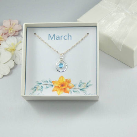March Birth Flower and Birthstone Necklace on Gift Card