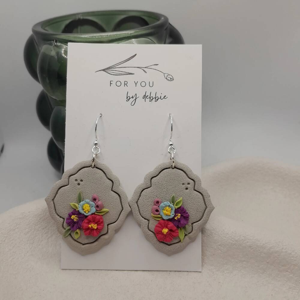 Floral statement polymer clay earrings- hypoallergenic Gold or silver hook