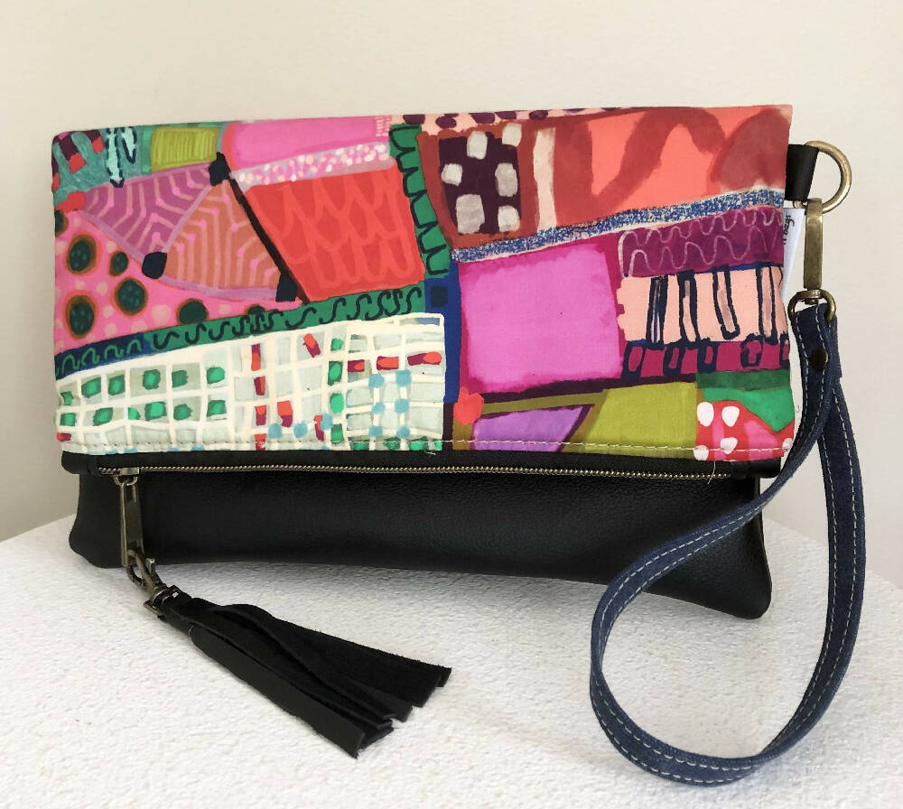 Fold Over Clutch Bag in Parade Print Fabric, Blue Canvas and Leather