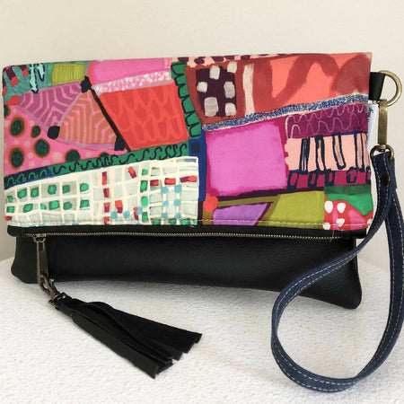 Fold Over Clutch Bag in Parade Print Fabric, Blue Canvas and Leather