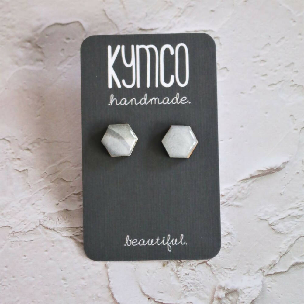 The Onyx Collection | Resin Studs Hexagon Earrings| Silver on Black