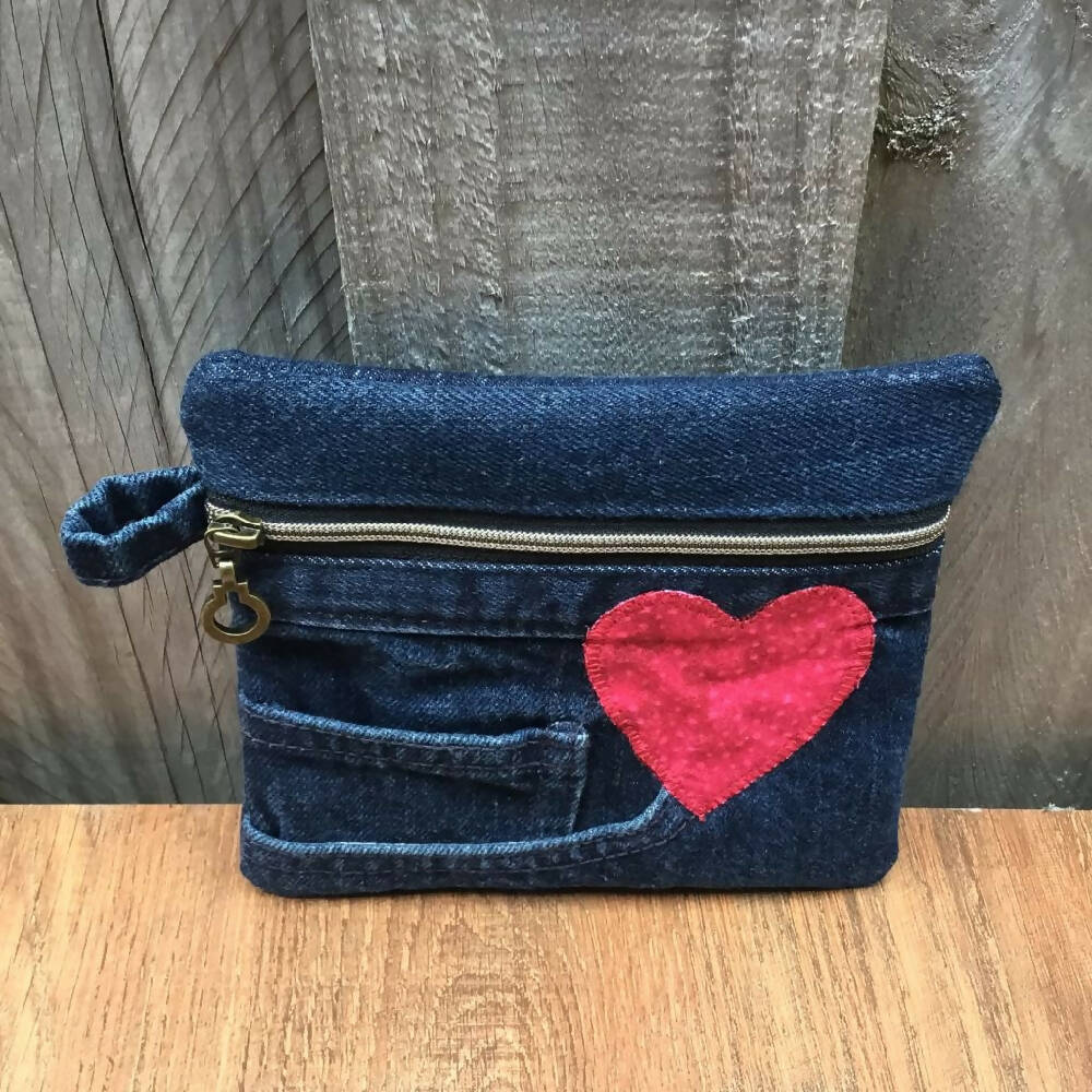 Upcycled Denim Earbud pouch – Red Heart