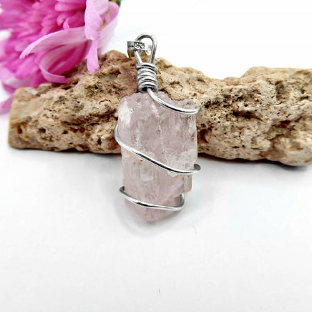 Raw Kunzite pendant elegant crystal Sterling silver wire wrapped