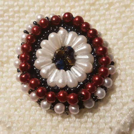 Beaded brooch shawl pin. Circle with flower centre.
