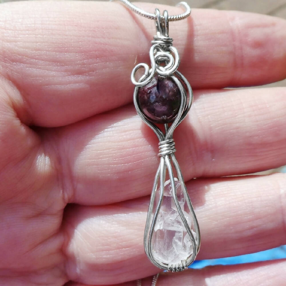 Raw Quartz and Garnet pendant, sterling wire wrapped necklace