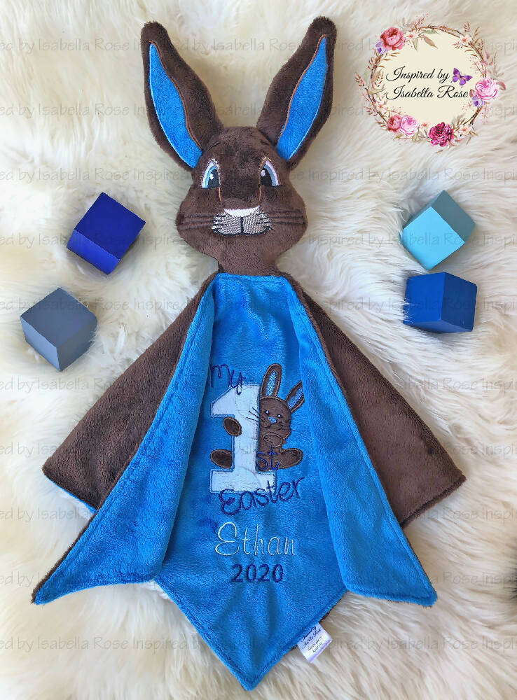 Baby comforter, Embroidered name, PeterRabbit themed Ruggybud, Made to order