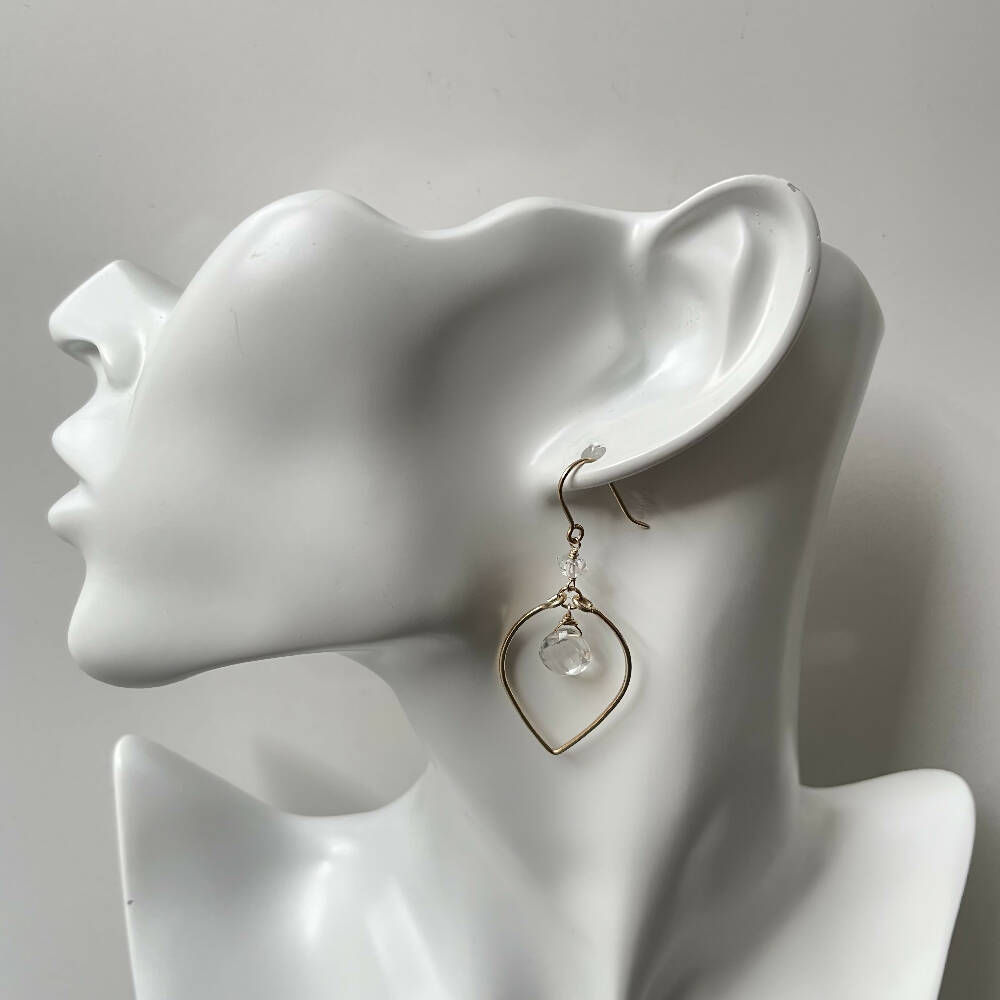 14K Gold filled crystal quartz leaf shaped hoop earrings