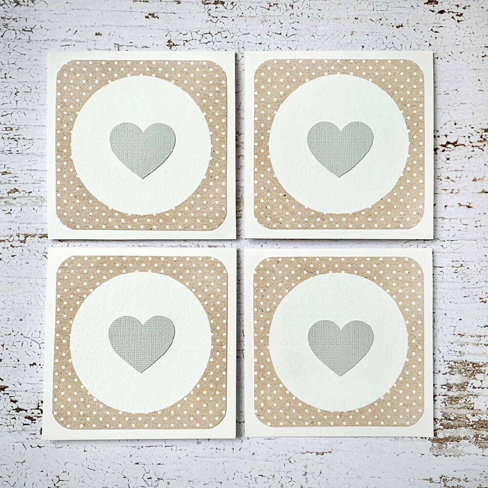 Set of 4 Square Cards Dotted Kraft Paper with Grey Heart