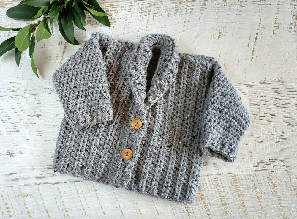 Baby Grandpa Cardigan Grey Newborn Handmade Crocheted 0-3 months