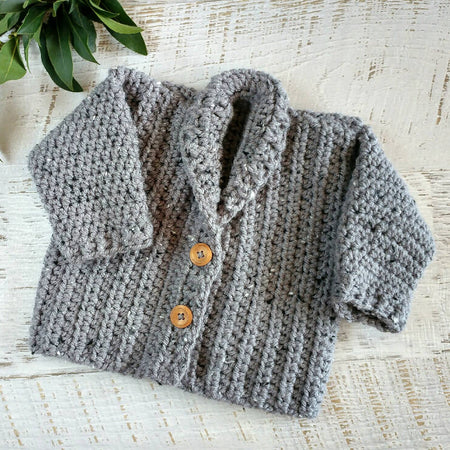 Baby Grandpa Cardigan Grey Newborn Handmade Crocheted 0-3 months