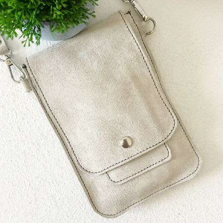 Phone Sling Pouch in Light Grey Suede Leather