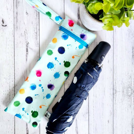 Umbrella Bag, Waterproof Reusable Zip Bag, Paint Drops, Aqua Zip
