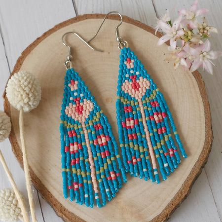 Beaded Earrings Blue Folk Art Fringe Dangle