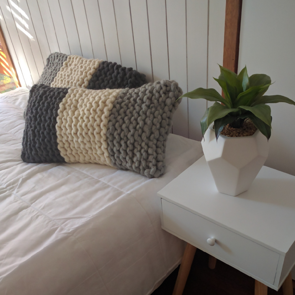 Extreme knit cushion cover. Grey panelled cushion .Big Knitting Cushion.