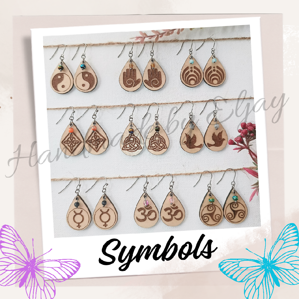 Wooden Teardrop Earrings - 'Symbols'