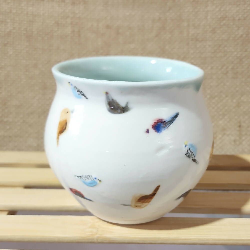 Celadon blue glazed porcelain birb doodle mug, handmade in tassie