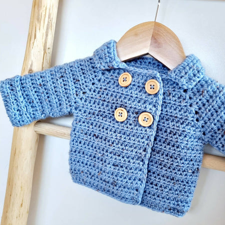 Baby Cardigan Blue Tweed Newborn Hand Crocheted 0-3 months