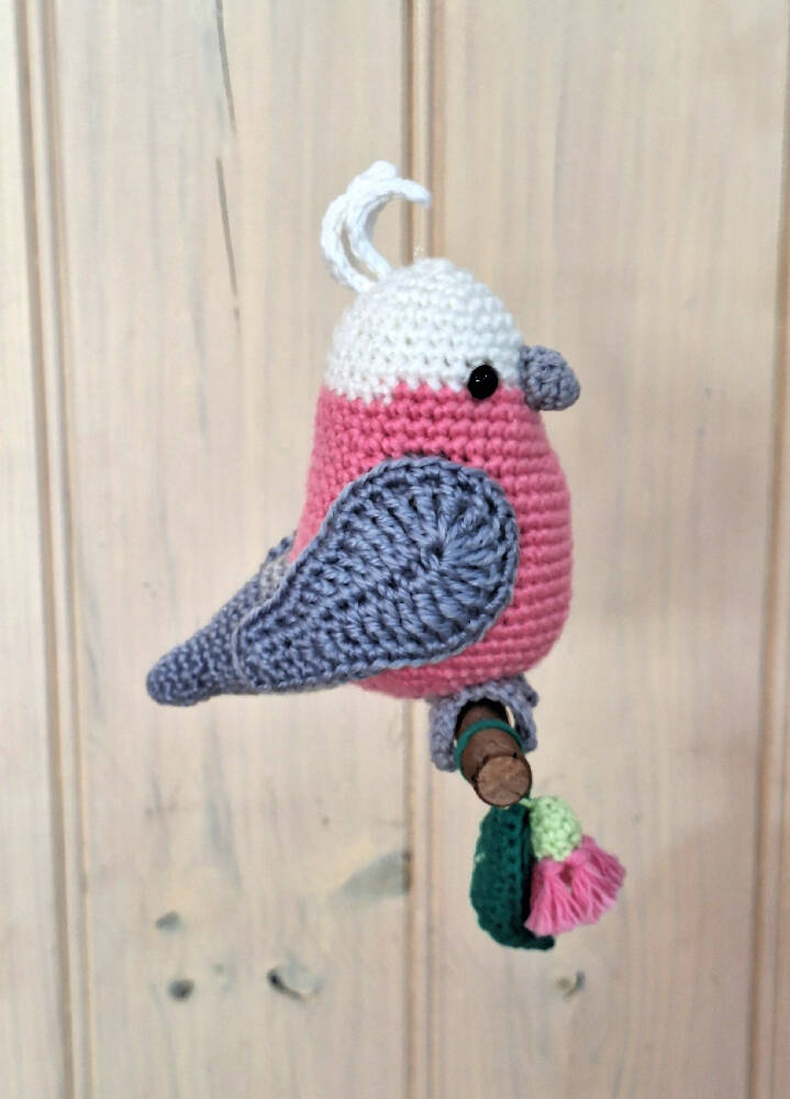 Hand crocheted pink galah room decoration or toy
