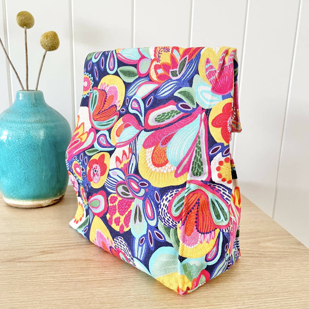 Lunch Bag Cotton Canvas~ Reusable, Fold Over~ Bright Blooms