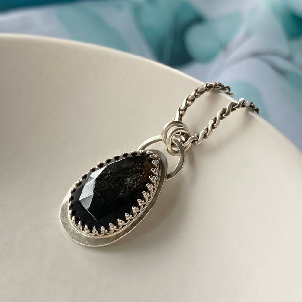 Pendant Sterling Silver Bezel Obsidian Gothic Teardrop O