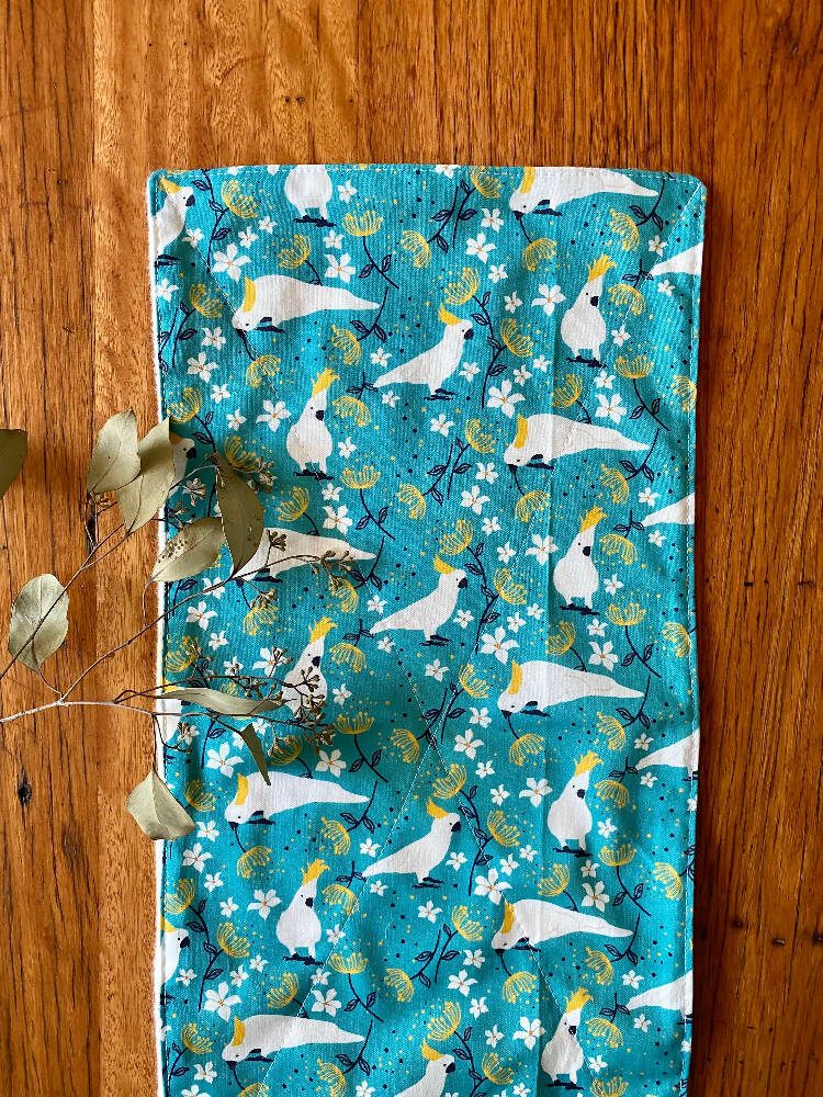 burp cloth - cockatoos turquoise / organic cotton hemp fleece / baby toddler