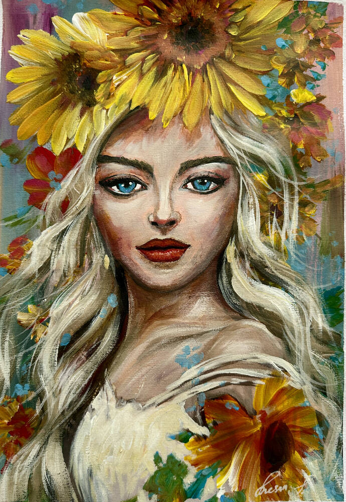 Sunflower Grace, original painting, signed , framed 40x50cm