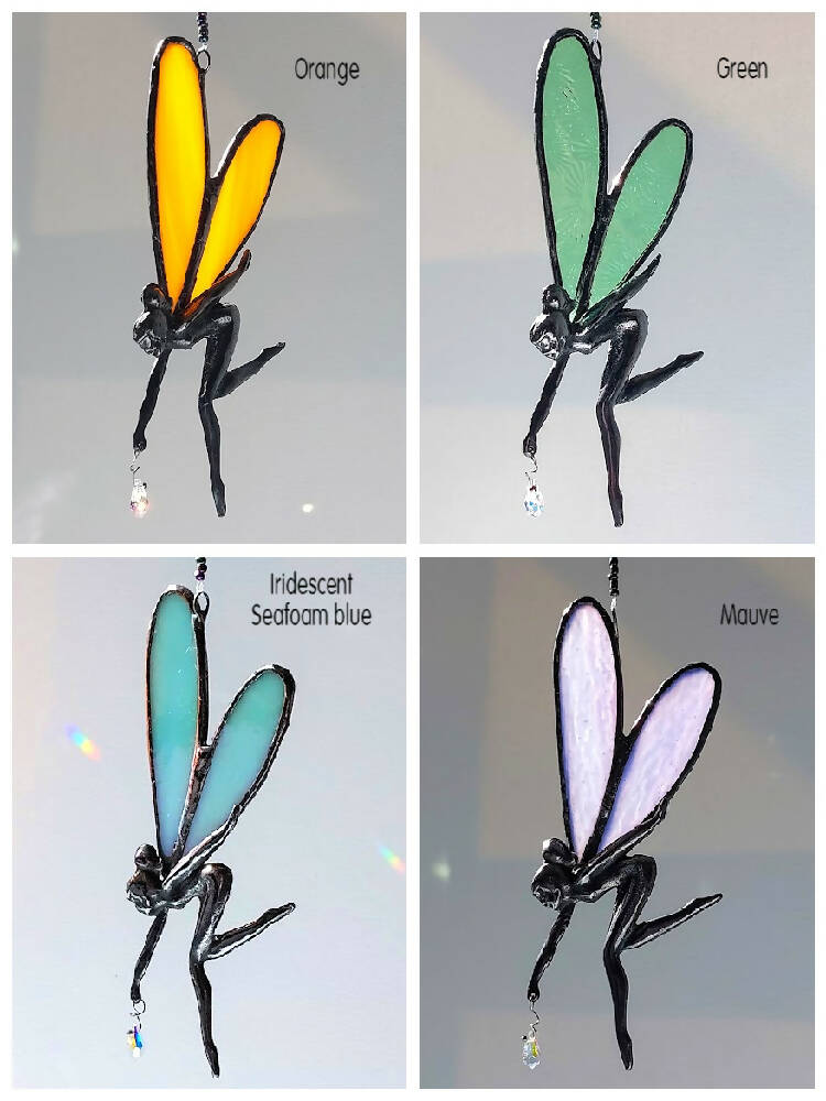 Stained glass fairy suncatcher, little pewter fairy window hanger