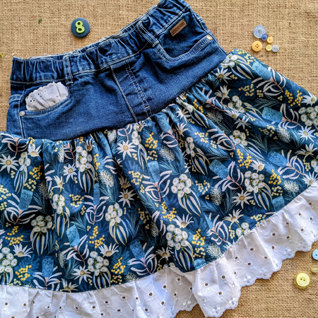 Size 8 Upcycled Denim skirt and Flannel flowers and Wattles