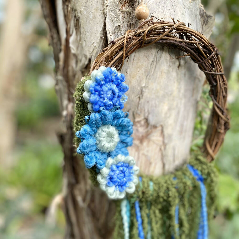Wreath Grapevine Blue Yarn Flowers
