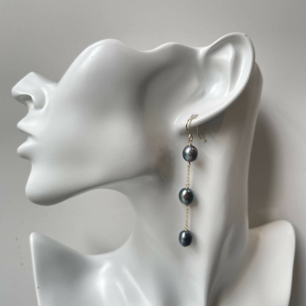 14K Gold filled three tier metallic freshwater pearl earrings