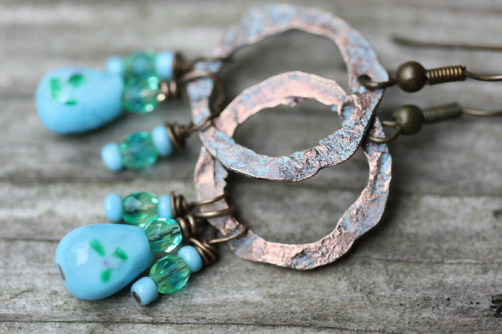 Copper Hammered Hoop and Glass Beaded Earrings