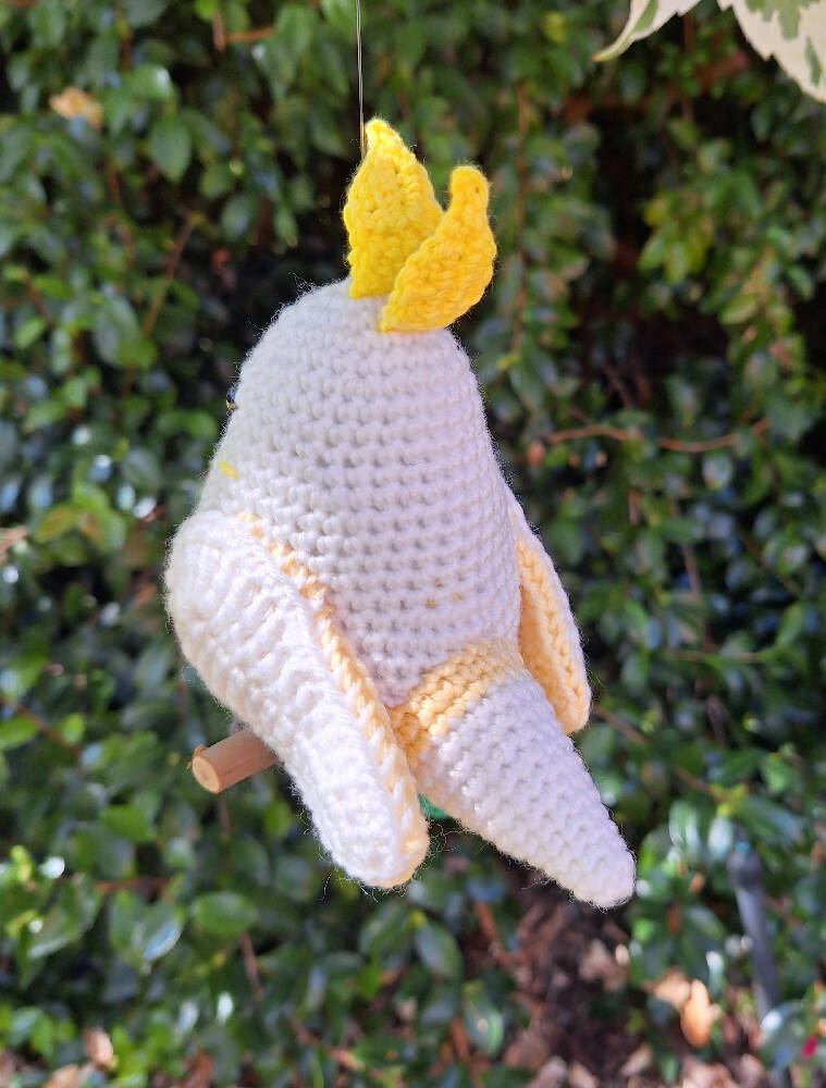 crocheted sulphur crested cockatoo on perch room decoration