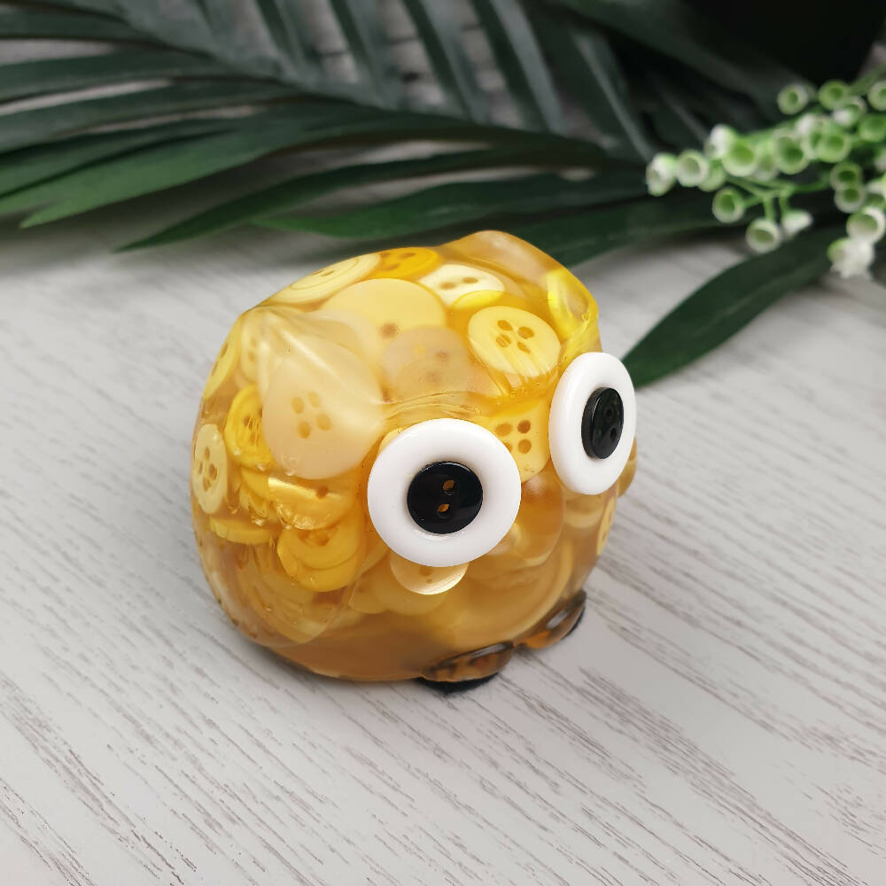 Button Owl - YELLOW Buttons & Resin - Paperweight - Solid Button Filled Ornament