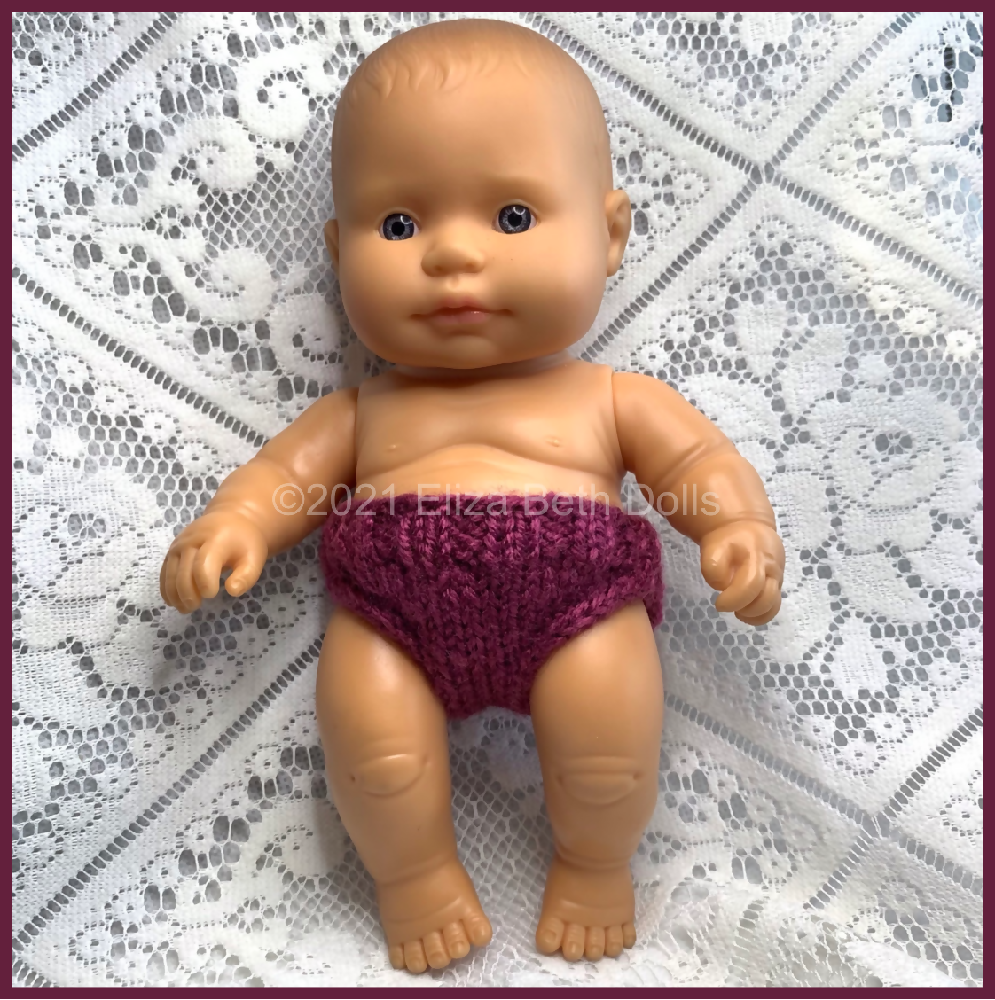 Miniland 21cm clothes, PDF digital pattern, Underpants, Knickers, Undies, Boy, Girl, Unisex, Easy quick knit, Straight needles, Flat knit, Baby doll clothes, Cute outfit, Doll accessories, Minikane, 8inch, Clear instructions, Photos, 8ply DK yarn, Beginner friendly, Basic knitting, Simple pattern, Eliza Beth Dolls, Australia, 5